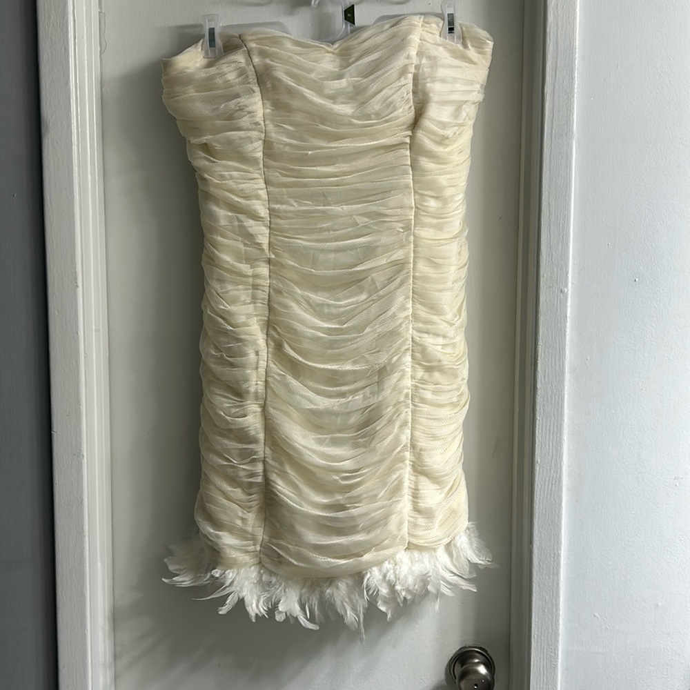 Ella Belle Off White Strapless Dress with White Feathers